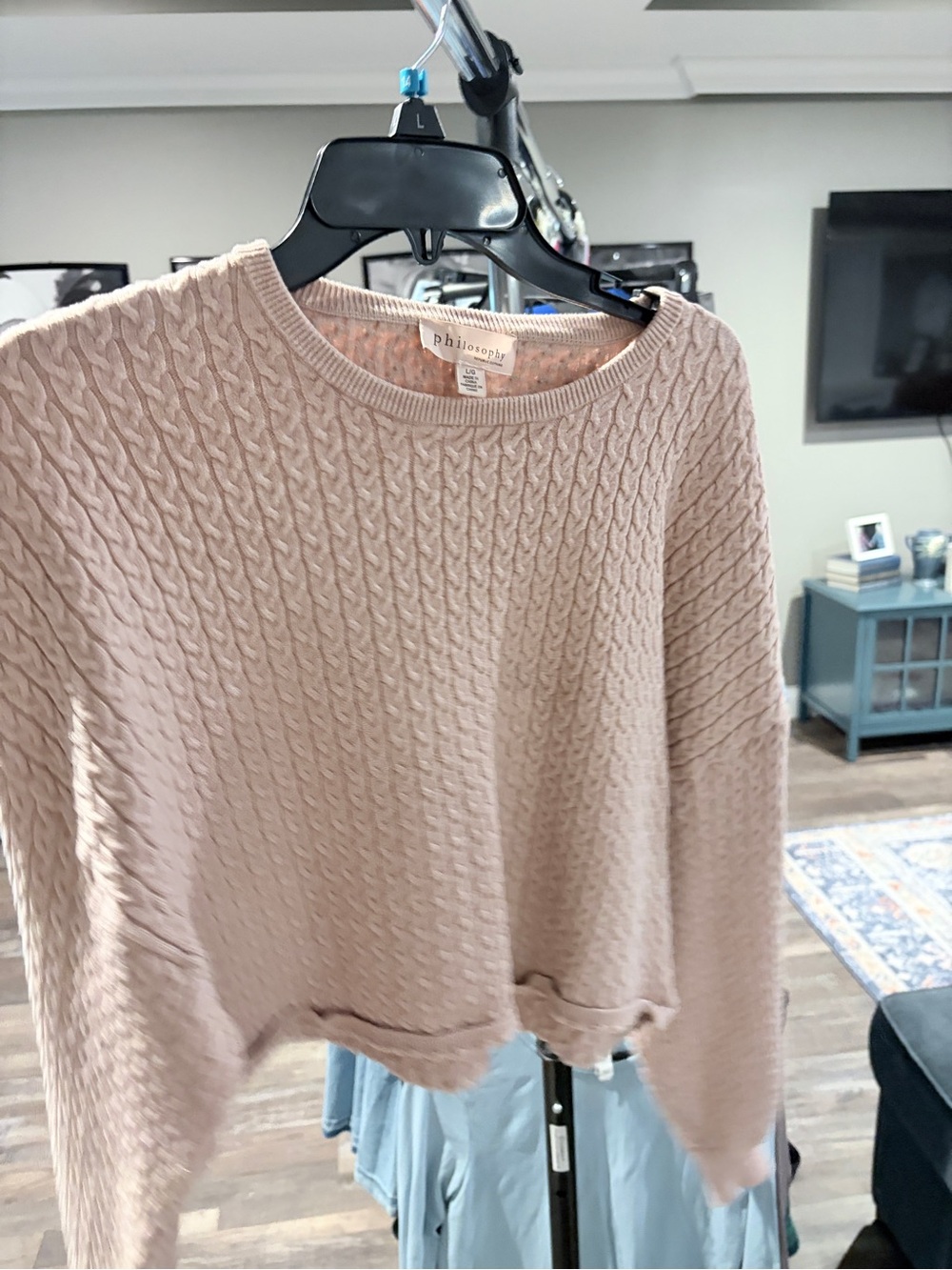 Philosophy Crewneck Cable Knit Sweater in Light Taupe